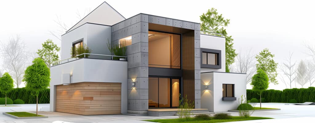 Maison moderne blanche et béton avec garage en bois, grandes fenêtres, balcon, entourée d'arbres verts et haies. Ambiance lumineuse.