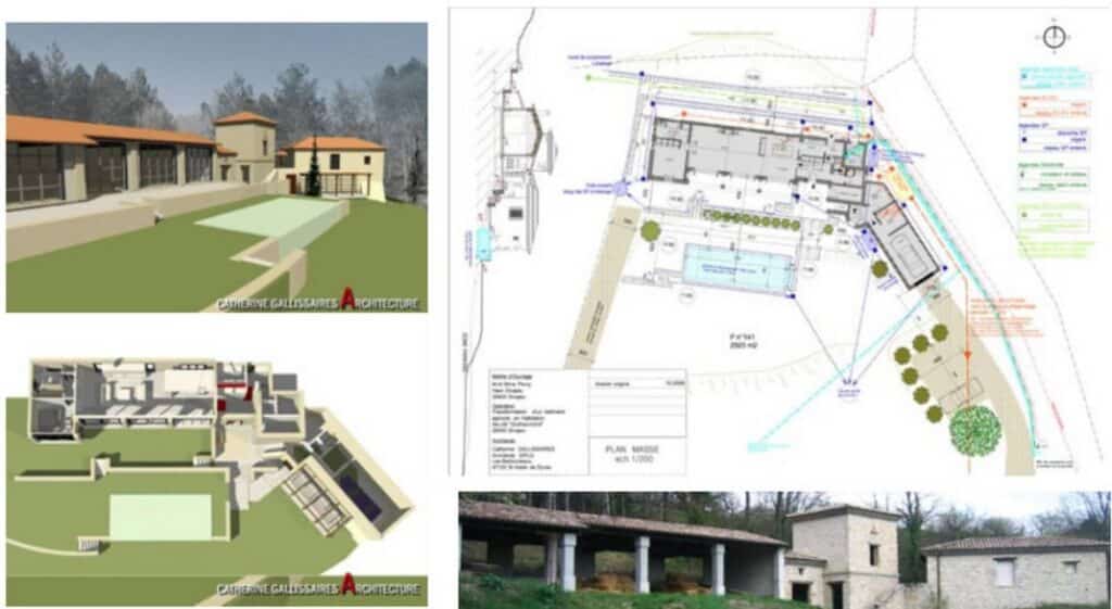 Renders 3D et plan masse (ECH 1/200) d'un projet architectural Catherine Gallissaires : villa, piscine, bâtiments existants.